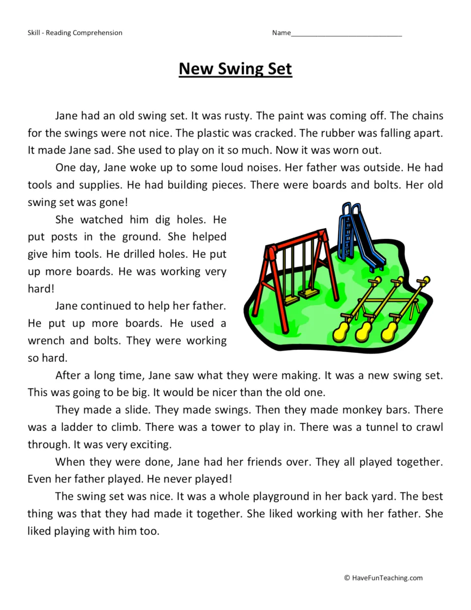 Reading passage about Jane helping her father build a new swing set and inviting her friends over to play.