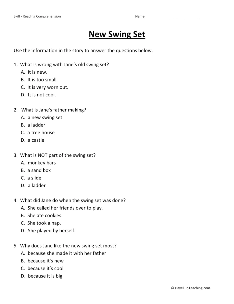 Five multiple-choice questions about Jane's old swing set, her father's project, and why she likes it.