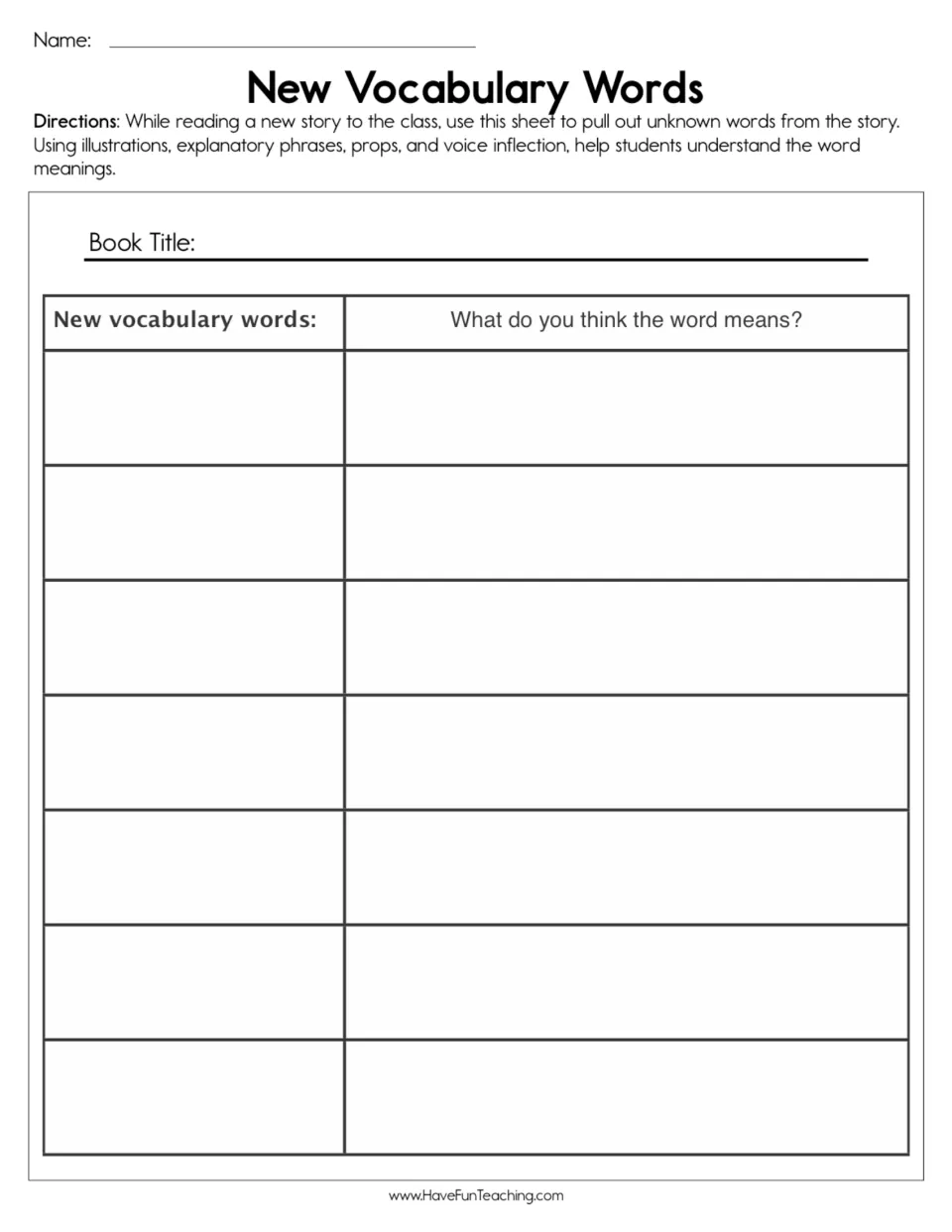 Story vocabulary organizer: students note the book title, list 7 unknown terms from a read-aloud and guess each meaning