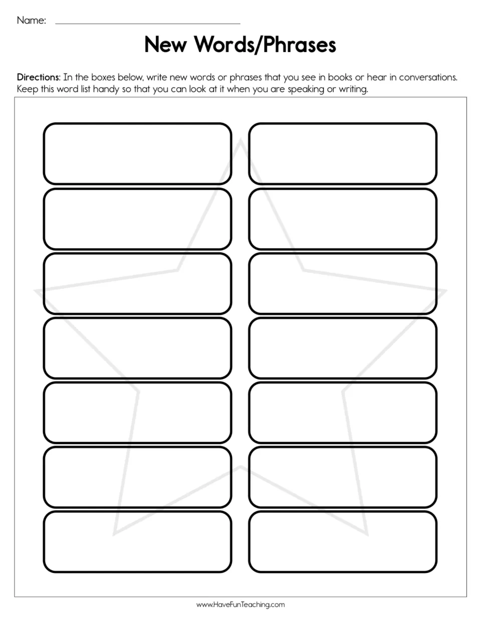 Vocabulary recording sheet titled 'New Words/Phrases' for words found in books or heard in conversations.