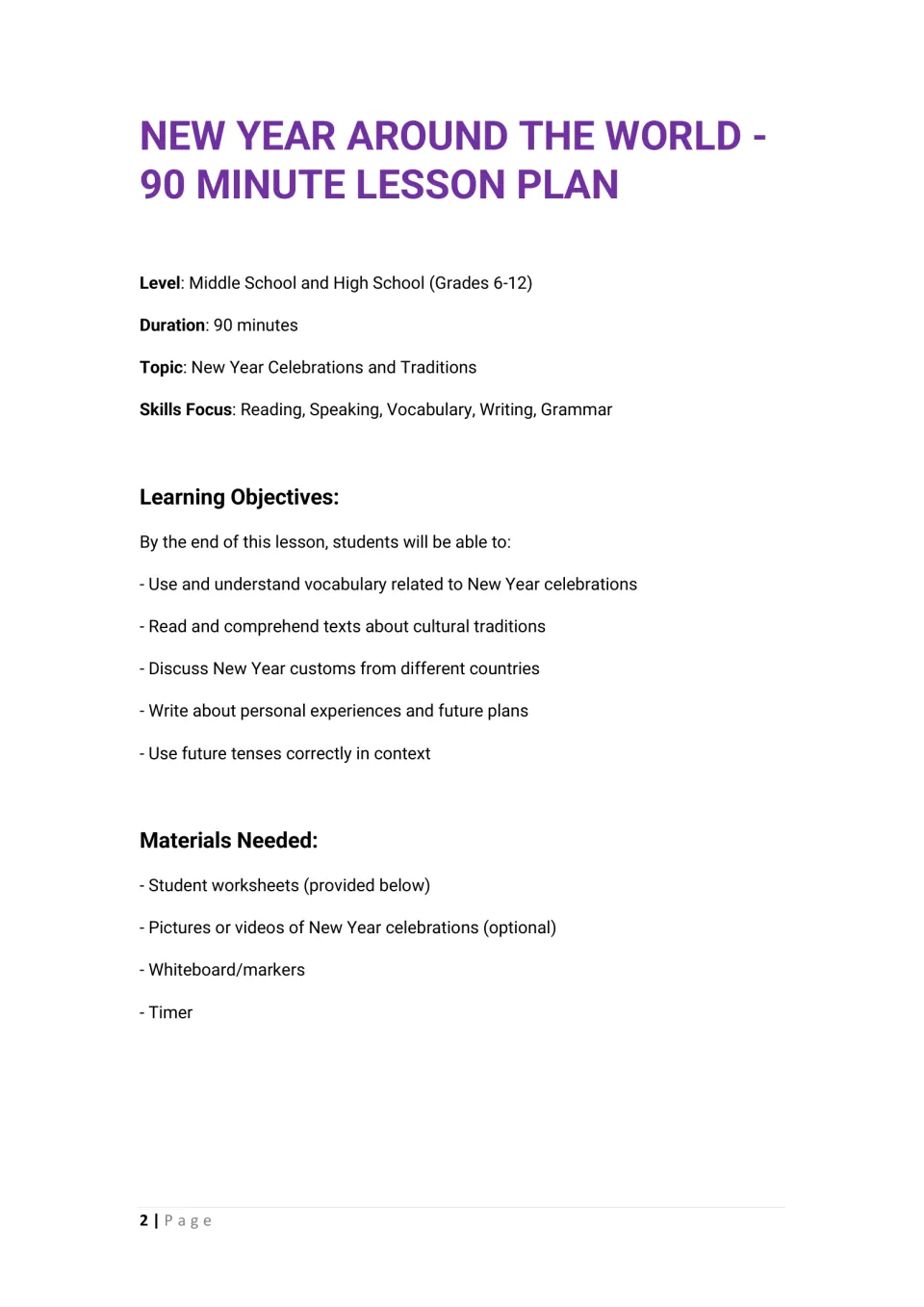 Lesson overview: level, duration, topic and skills focus, followed by learning objectives and a list of materials needed