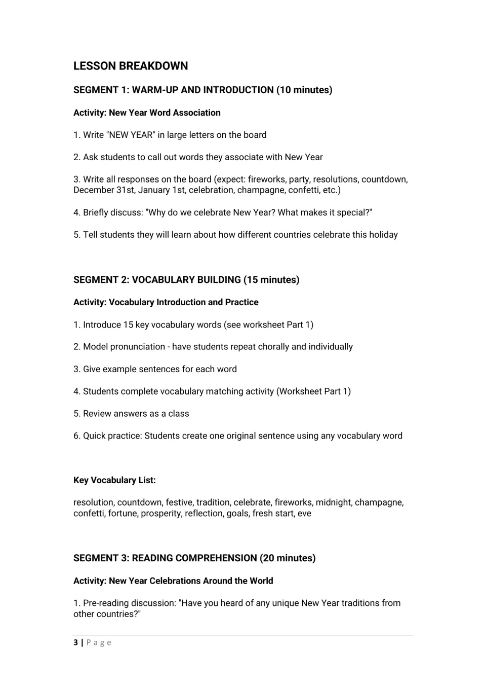 Lesson breakdown for a New Year word association warm-up, vocabulary building with 15 key words and pre-reading talk