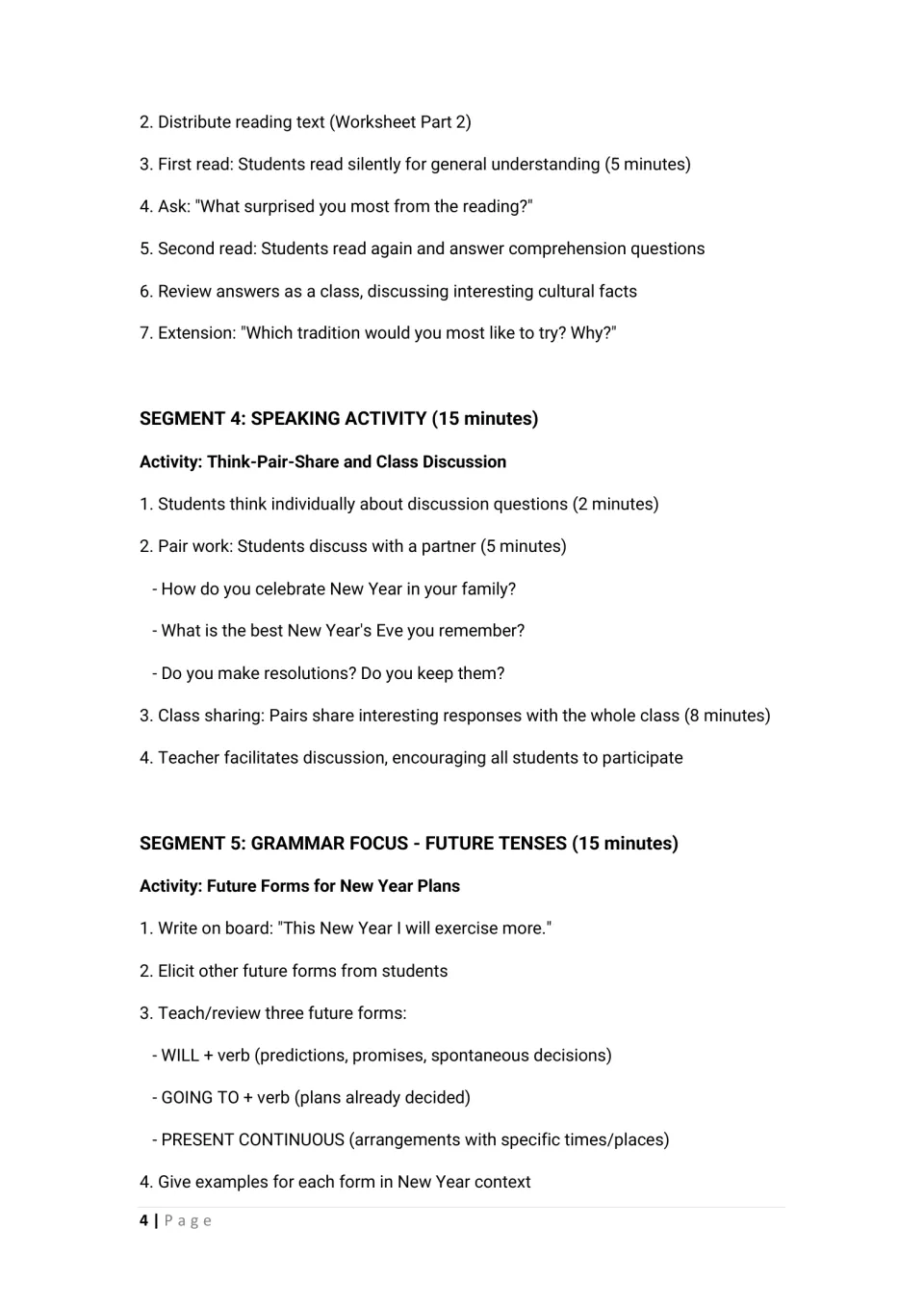 Reading steps, a think-pair-share on New Year memories, and a grammar segment on will, going to and present continuous