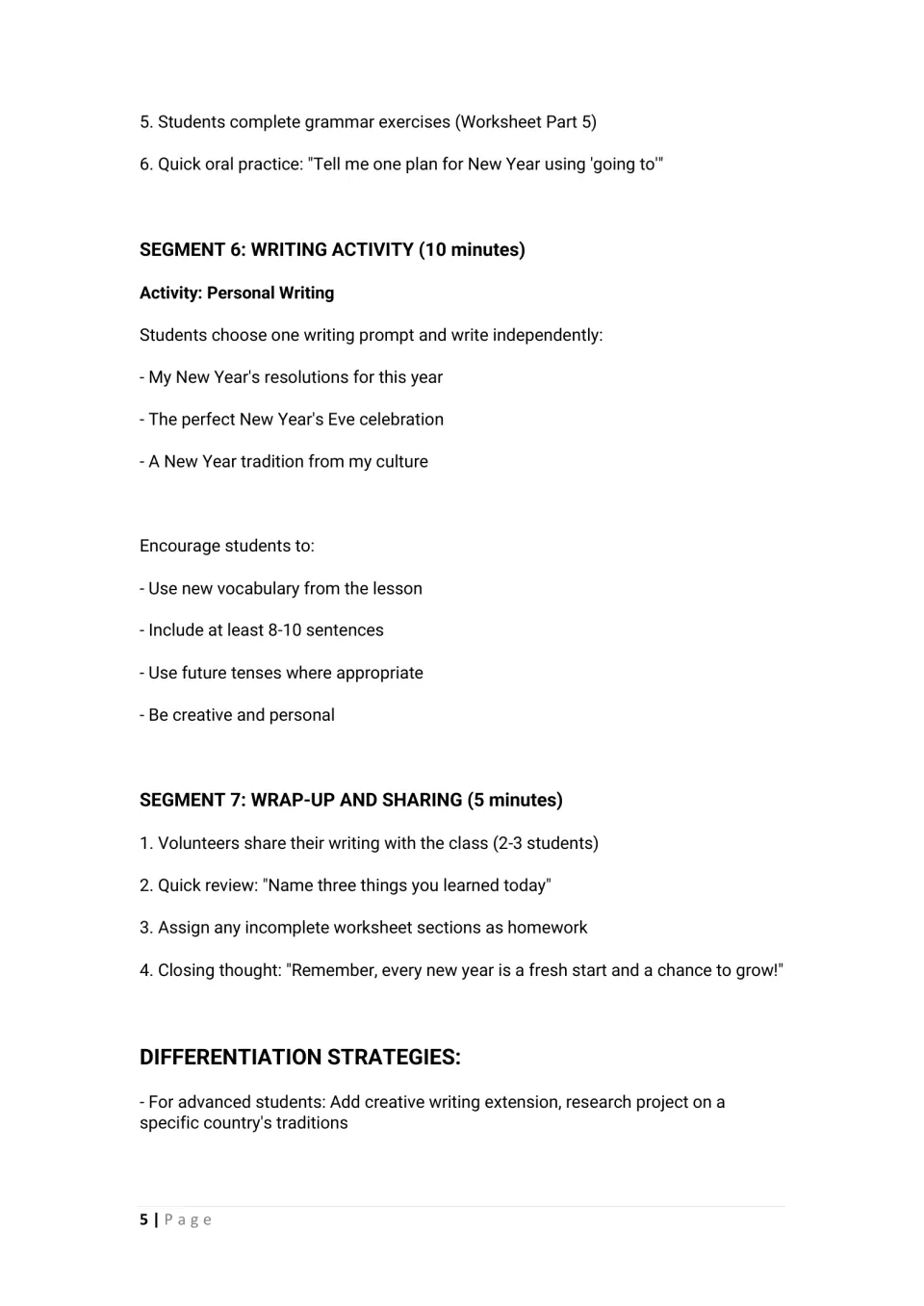 Writing segment with three prompts on resolutions and traditions, wrap-up sharing steps, and advanced-student ideas