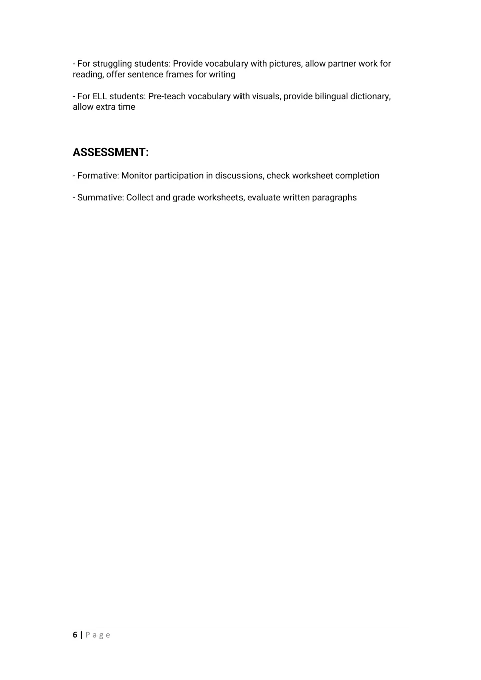 Support strategies for struggling and ELL students, plus formative and summative assessment for worksheets and writing