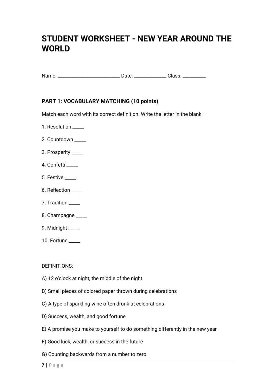 New Year vocabulary matching: students write the letter of each definition beside 10 words like resolution and confetti