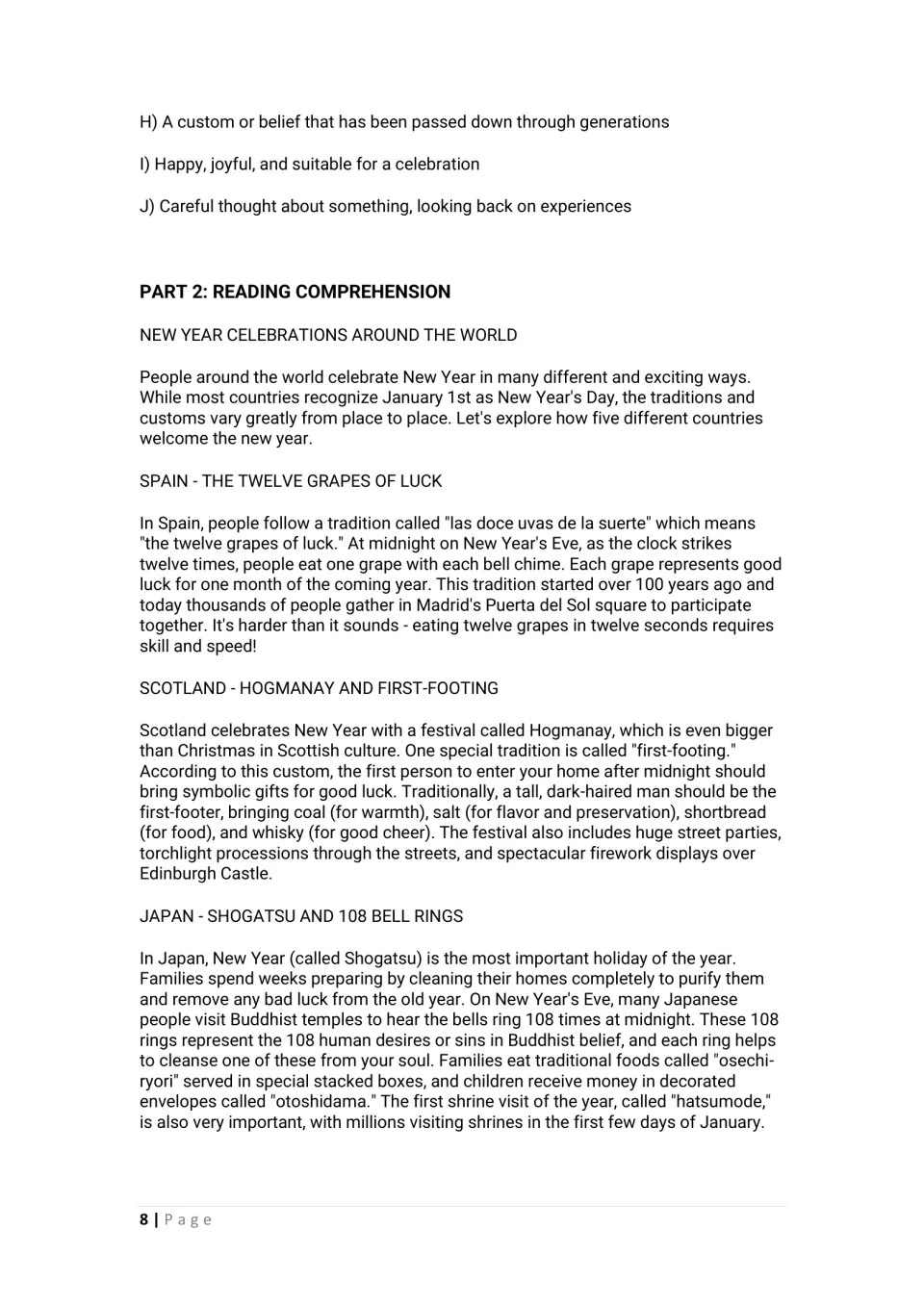 Reading passage on New Year customs: Spain's twelve grapes, Scotland's Hogmanay first-footing and Japan's 108 bell rings