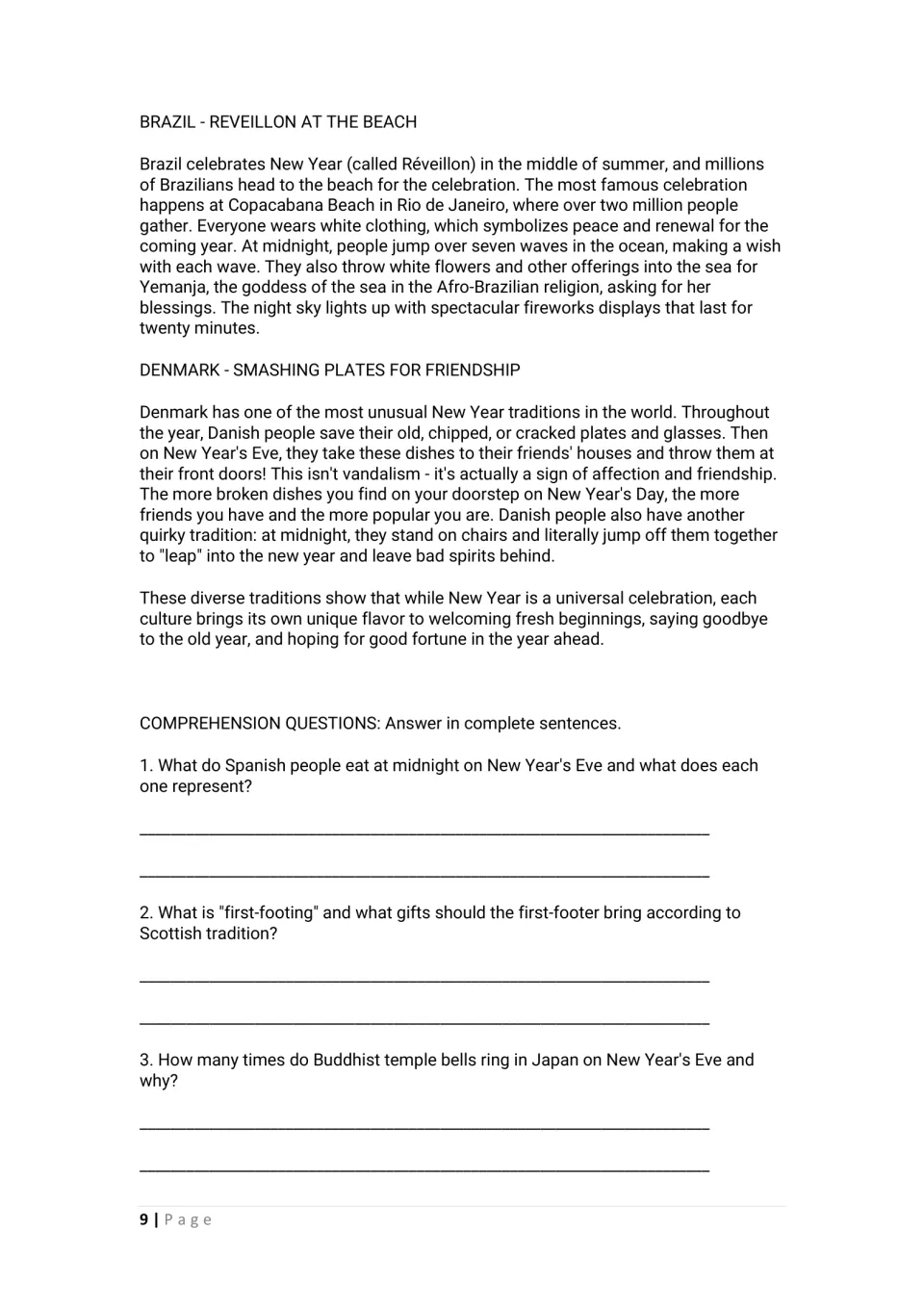 Reading on Brazil's beach Reveillon and Denmark's plate smashing, then questions students answer in complete sentences