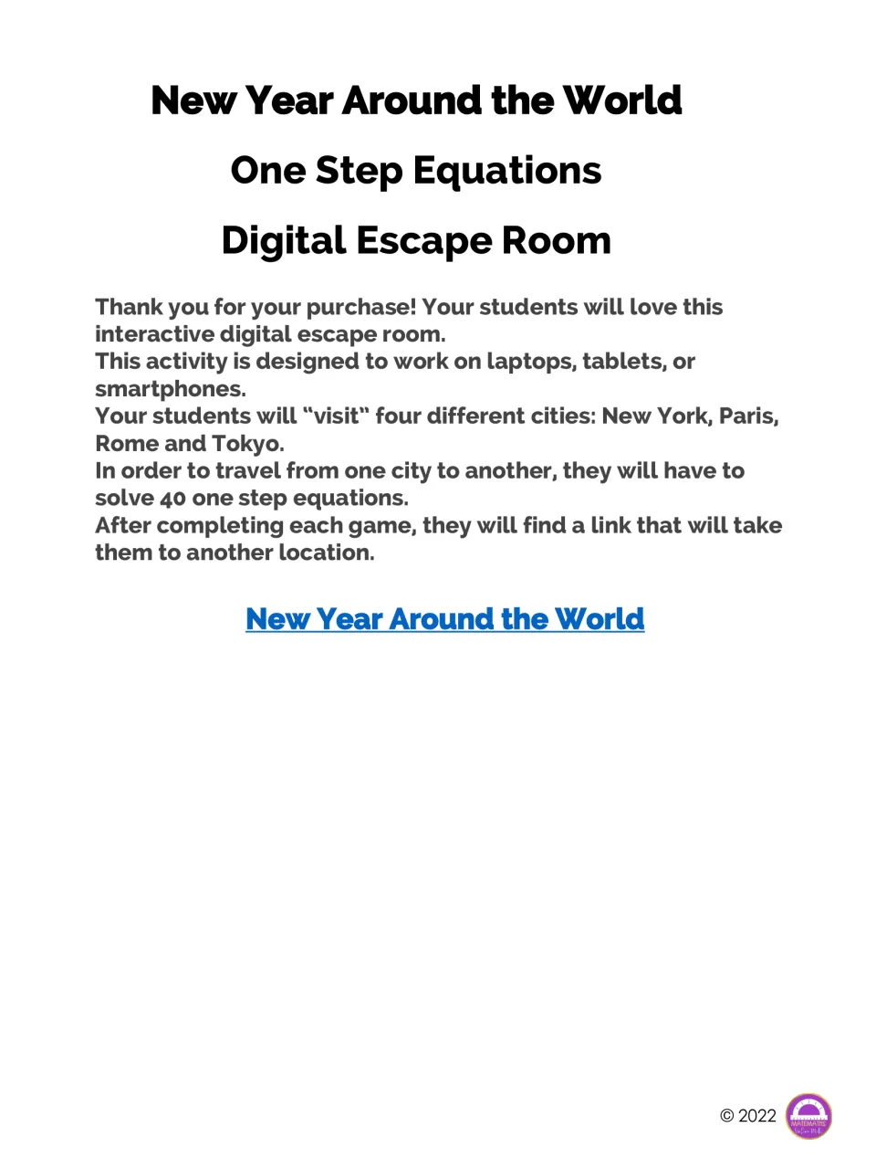 Digital escape room instructions: solve 40 one-step equations to visit New York, Paris, Rome, and Tokyo.