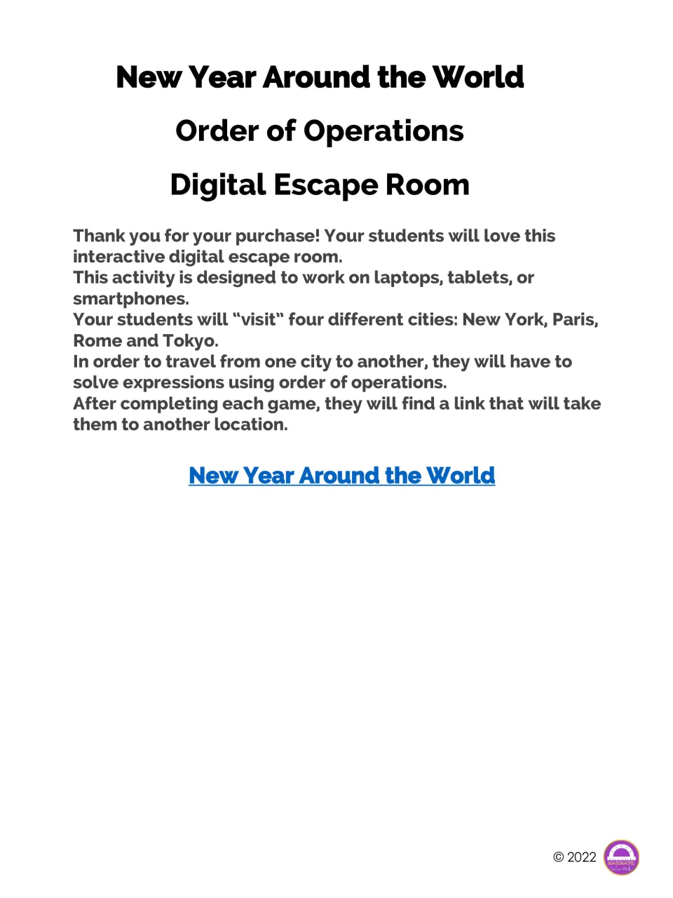 Order of operations digital escape room intro: students travel New York, Paris, Rome and Tokyo by solving expressions