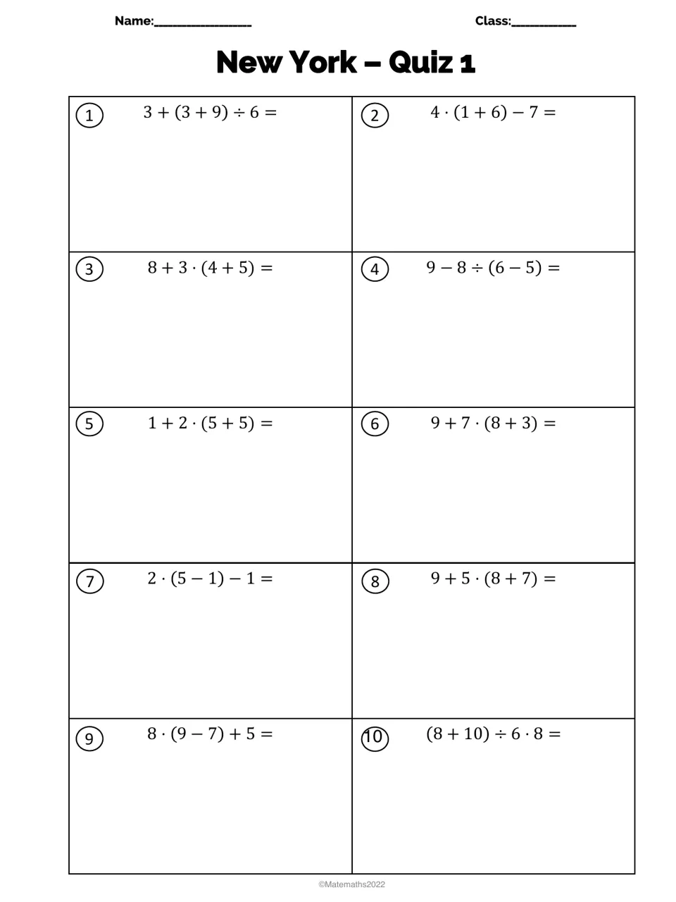 New York Quiz 1: students evaluate 10 expressions with parentheses, such as 3 + (3 + 9) ÷ 6, using order of operations