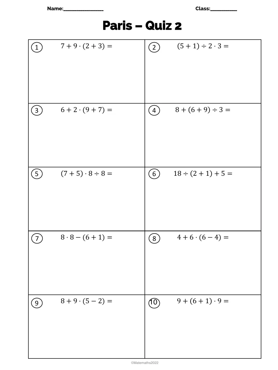 Paris Quiz 2: students simplify 10 expressions mixing all four operations, like 7 + 9 · (2 + 3), using order of operations