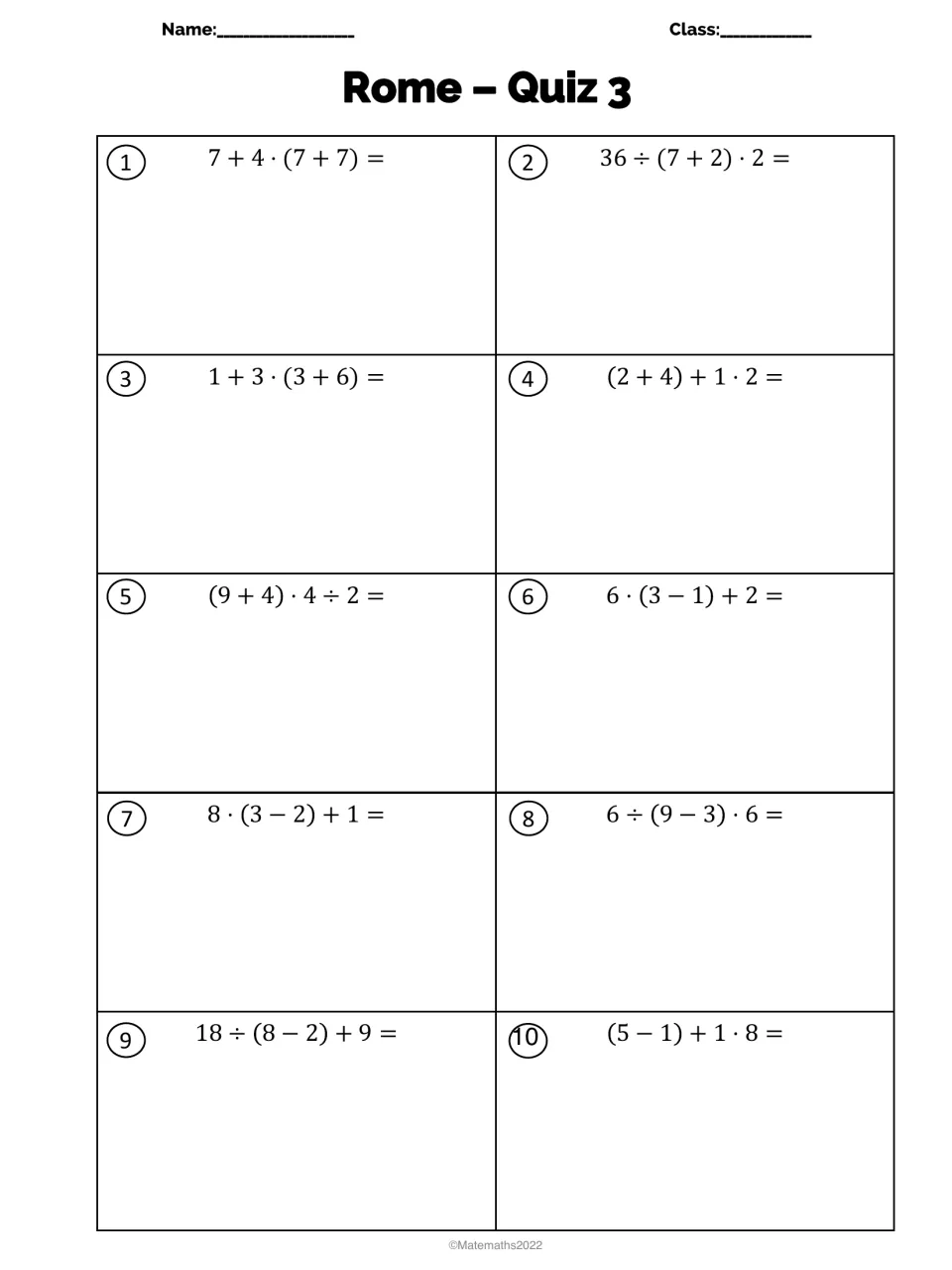 Rome Quiz 3: students solve 10 order of operations expressions such as 36 ÷ (7 + 2) · 2 and (9 + 4) · 4 ÷ 2