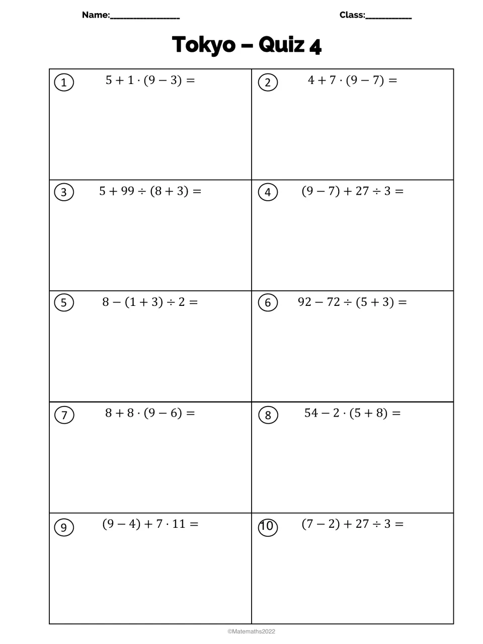 Tokyo Quiz 4: students evaluate 10 expressions, like 92 − 72 ÷ (5 + 3), applying order of operations