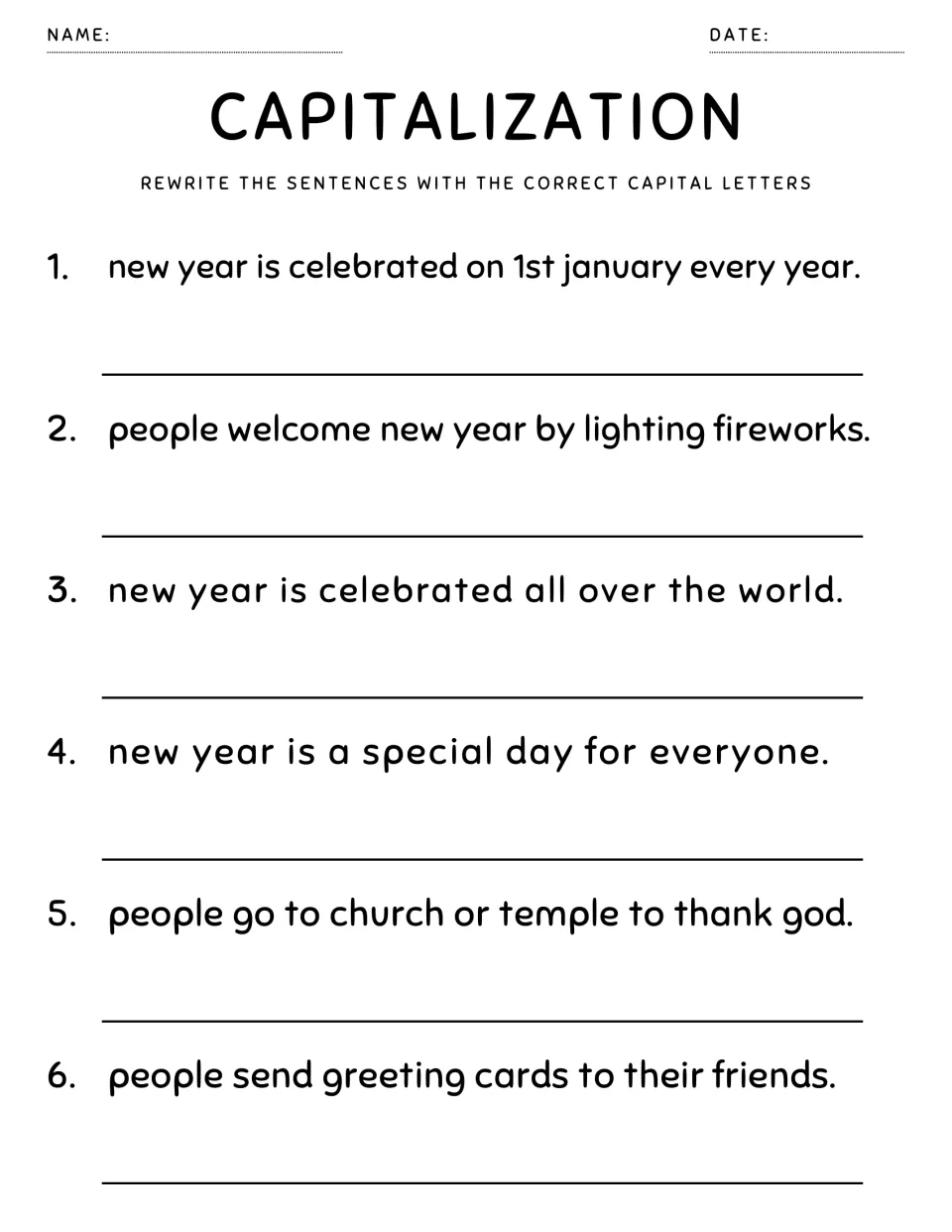 New Year capitalization: students rewrite 6 sentences with correct capitals, such as January, New Year and God