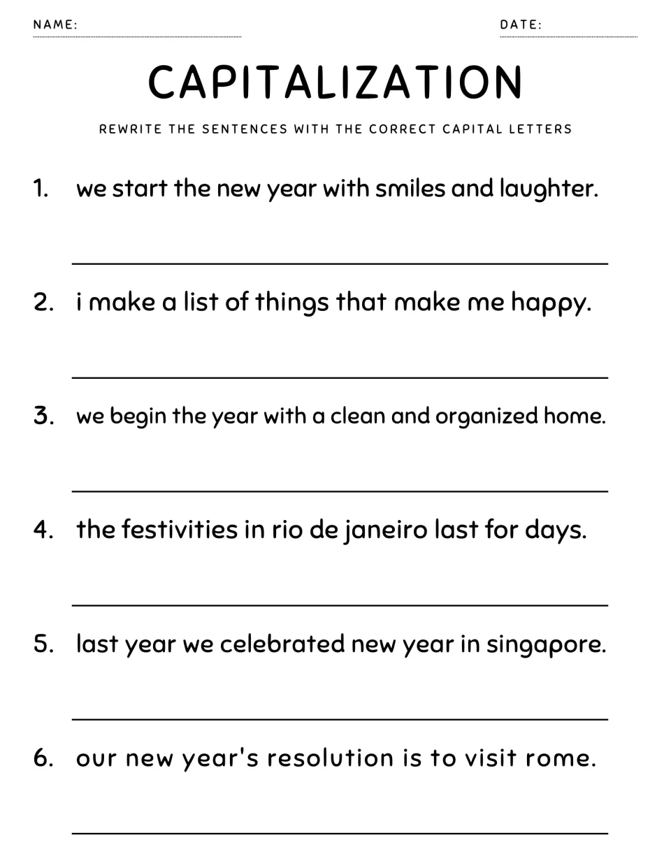 Capitalizing place names: students rewrite 6 New Year sentences naming Rio de Janeiro, Singapore and Rome correctly
