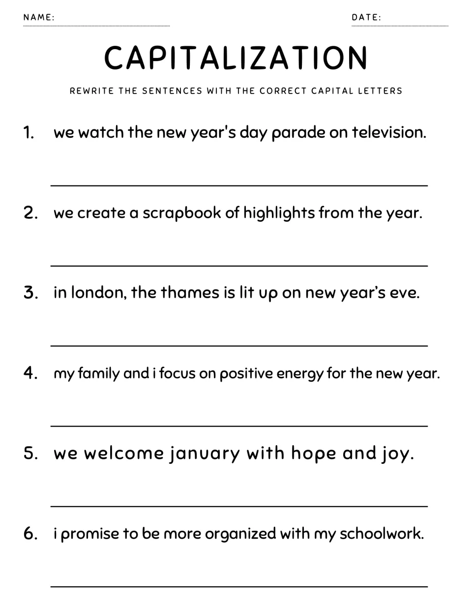 Capital letters review: students rewrite 6 sentences about New Year's Day, London, the Thames and January correctly