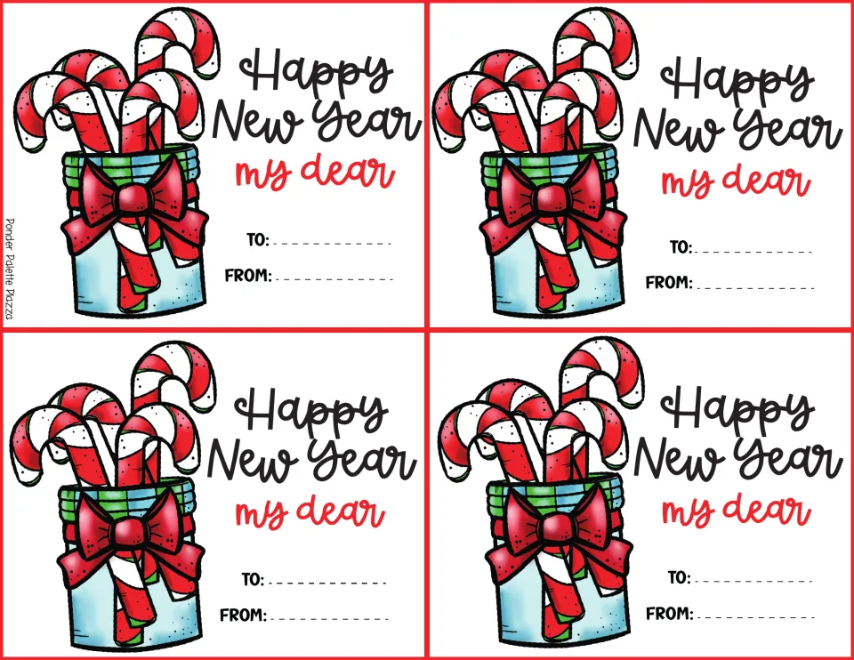 New Year cards: four Happy New Year my dear cards with a jar of candy canes and a red bow, plus To and From lines