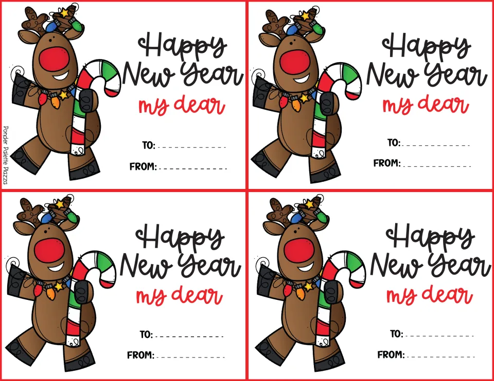 New Year cards: four Happy New Year my dear cards showing a red-nosed reindeer holding a candy cane, with To and From lines