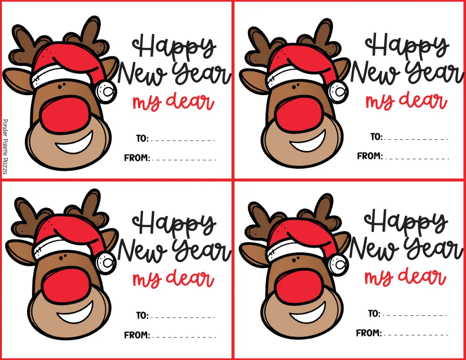 New Year cards: four Happy New Year my dear cards with a smiling reindeer face in a Santa hat, plus To and From lines