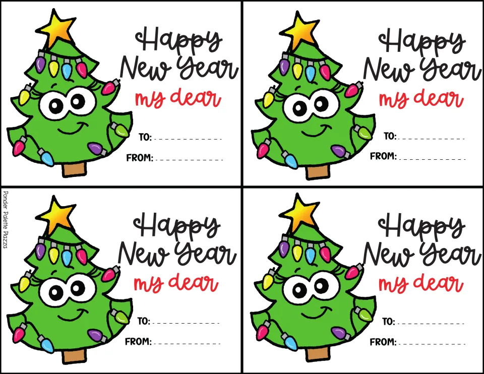 New Year cards: four Happy New Year my dear cards with a smiling tree in colorful lights and a star, plus To and From lines