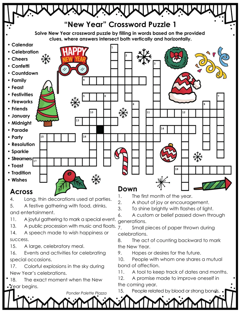 New Year crossword puzzle 1: 20 vocabulary words, including calendar, celebration, countdown, and midnight.