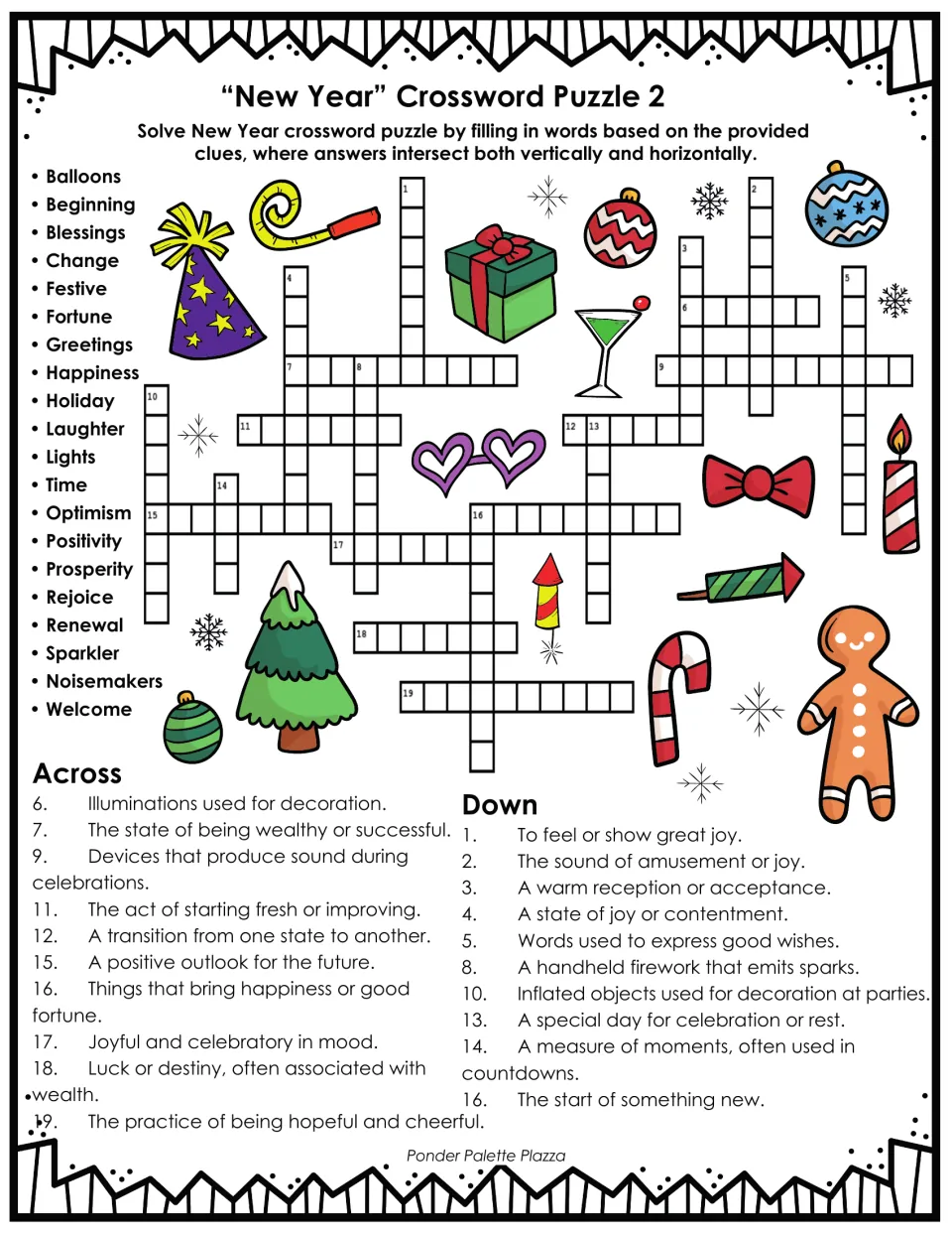 New Year crossword puzzle 2: 20 vocabulary words, including balloons, beginning, optimism, and renewal.