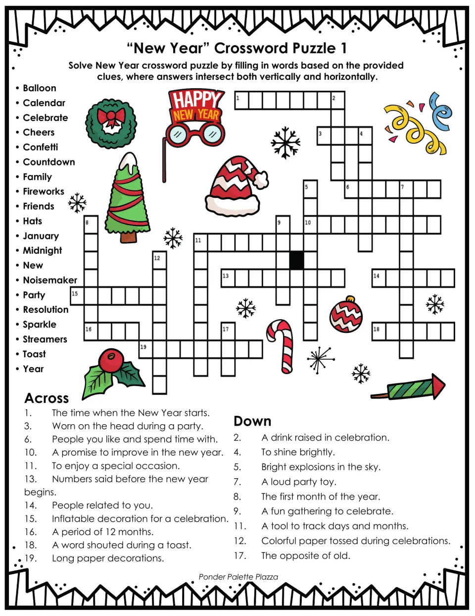 New Year crossword 1: students use a 20-word bank (balloon, confetti, midnight) to solve 20 Across and Down clues