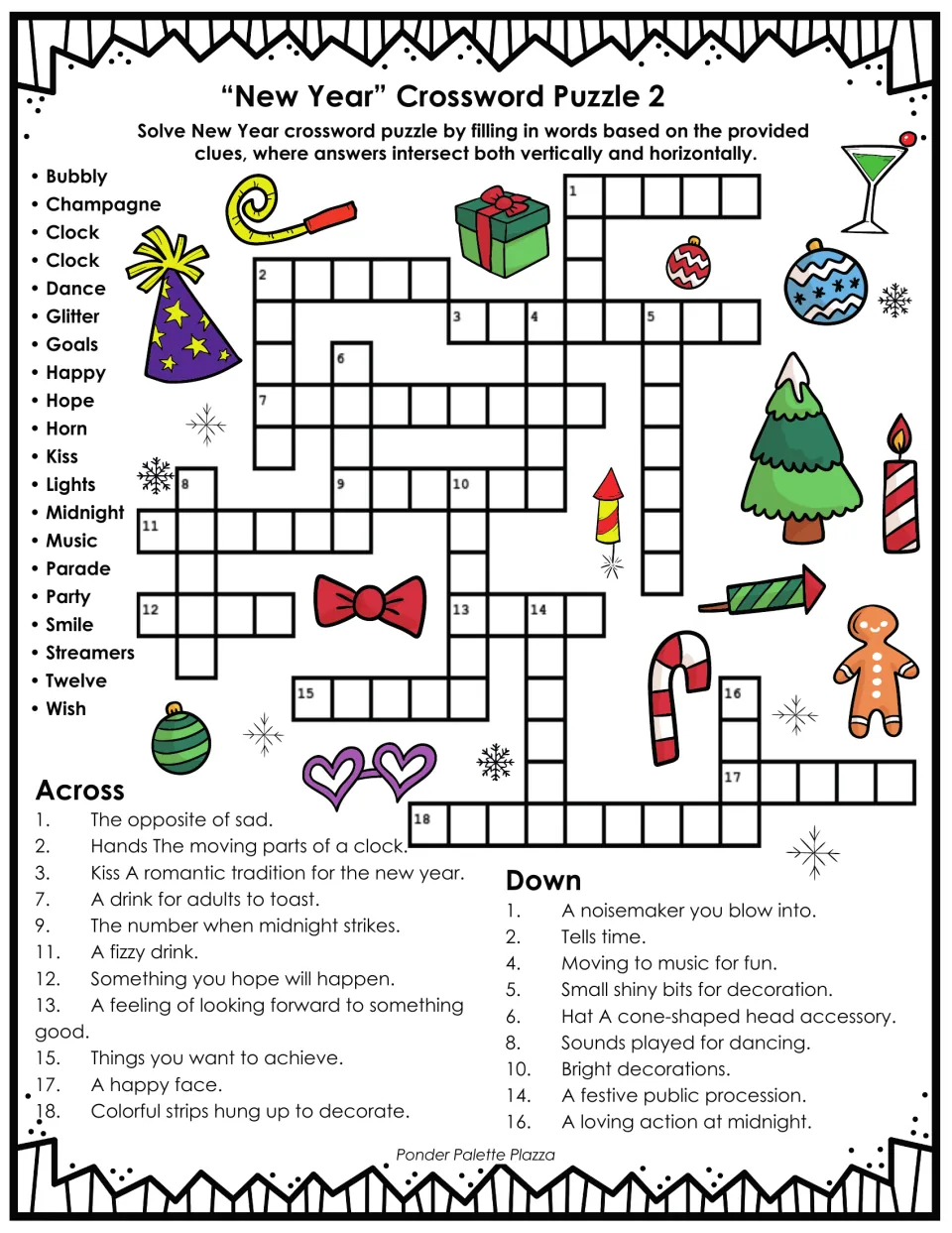New Year crossword 2: students solve clues on happy, twelve, champagne and goals using a word bank that lists clock twice