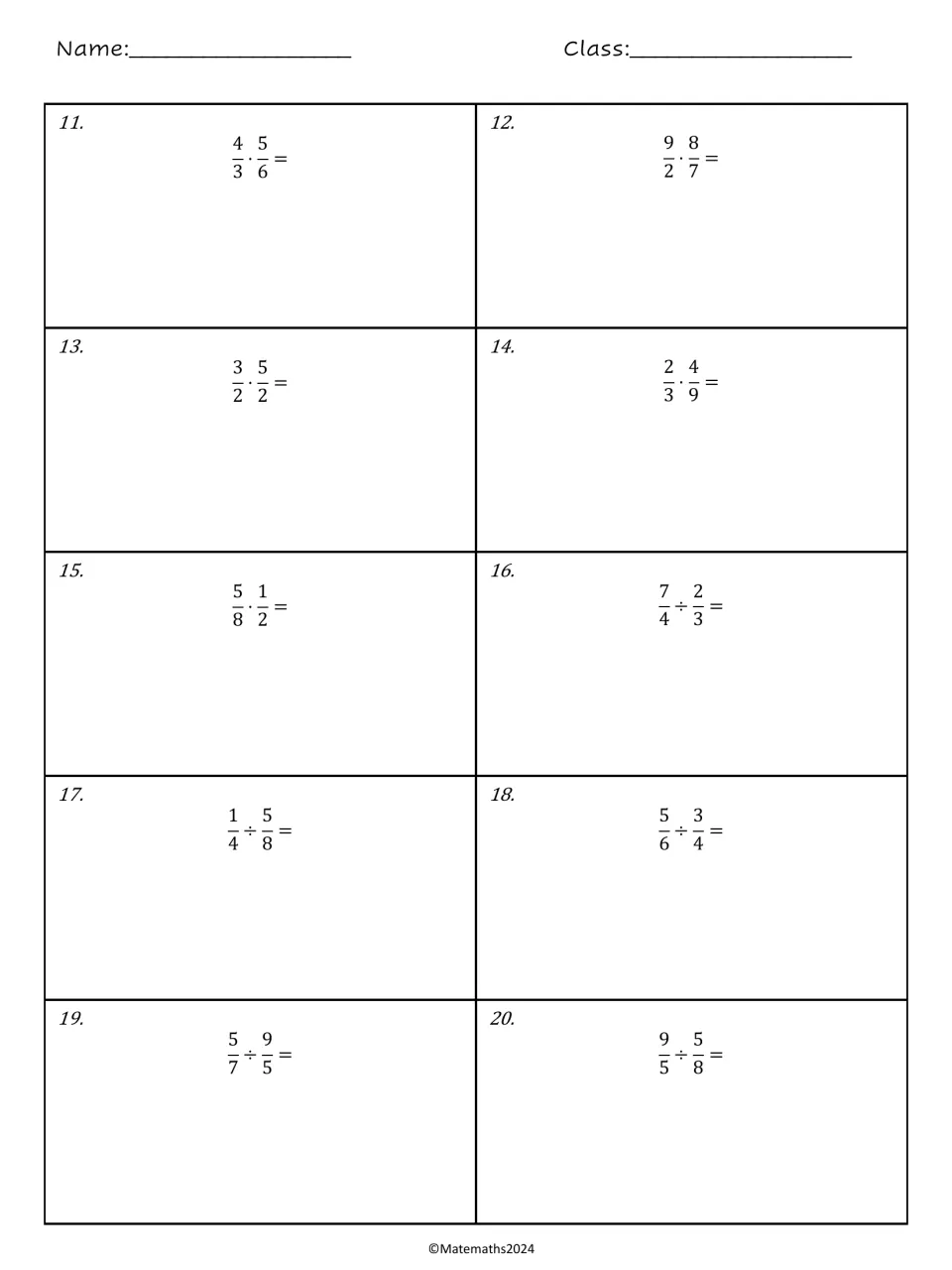 Multiplying and dividing fractions: students solve problems 11 to 20, such as 4/3 · 5/6 and 7/4 ÷ 2/3, in simplest form