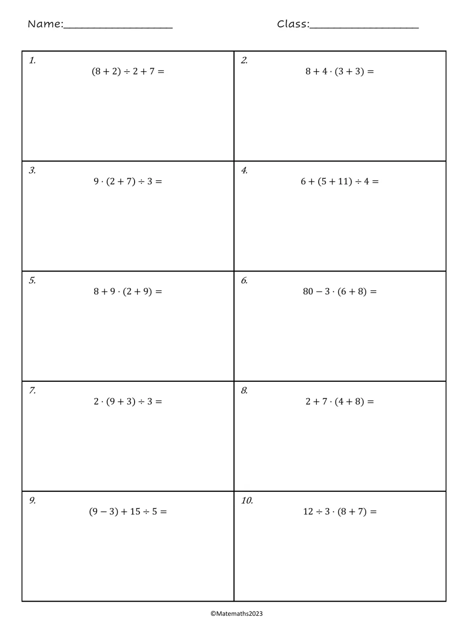 Order of operations problems 1-10: students evaluate expressions with parentheses, such as 8+4·(3+3) and 80−3·(6+8)