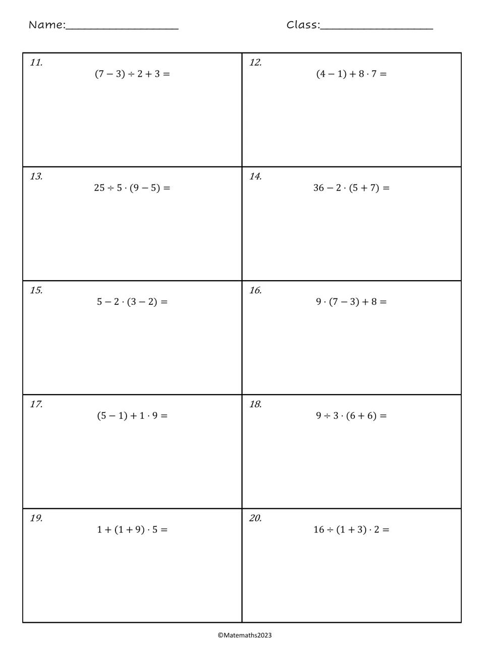 Order of operations problems 11-20: students evaluate mixed expressions such as 25÷5·(9−5) and 16÷(1+3)·2