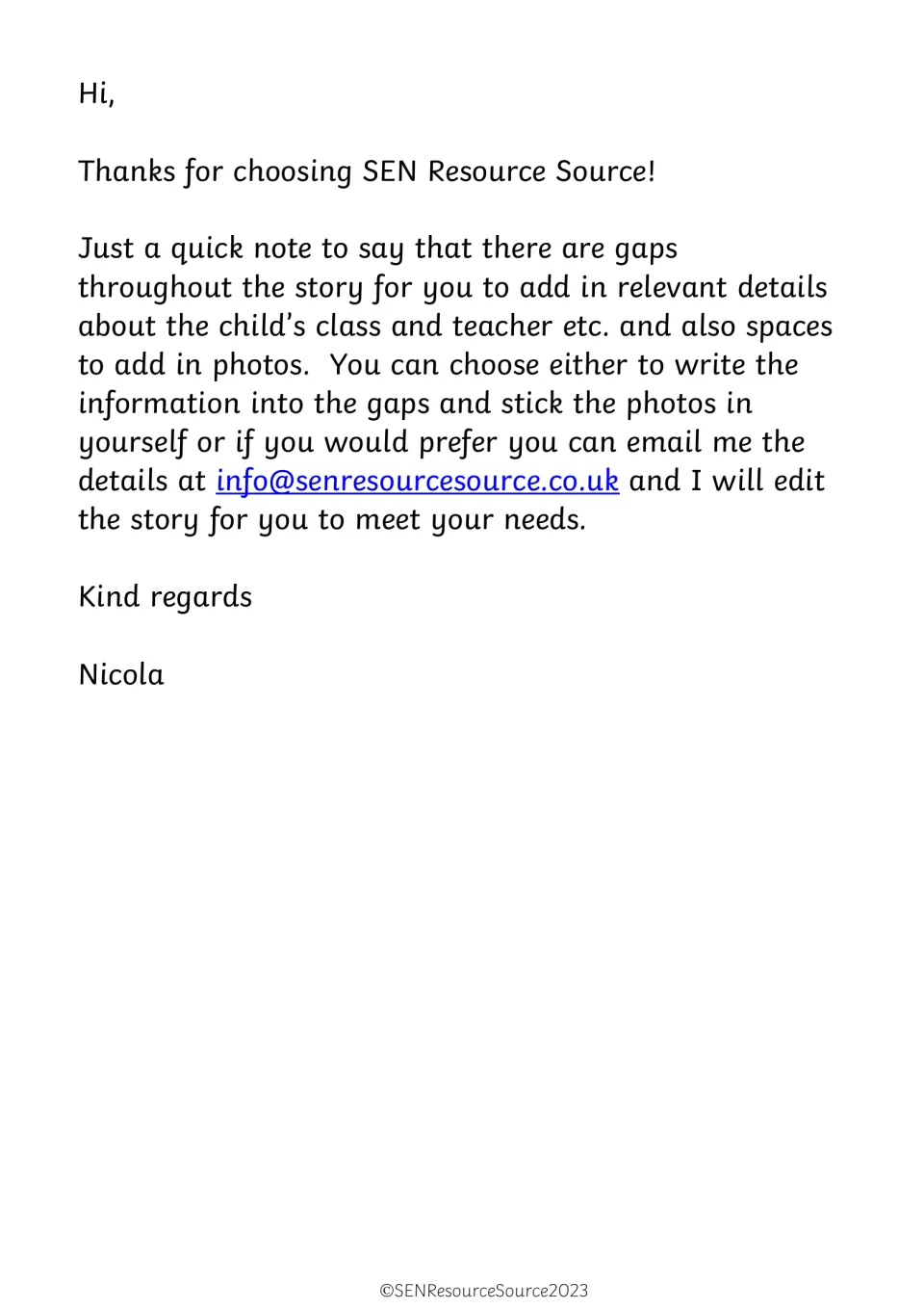 Author's note explaining the story has gaps for the child's class and teacher details and spaces to add photos