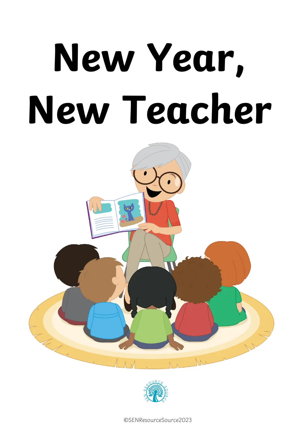 Cover titled New Year, New Teacher, showing a teacher reading a picture book to five children on a round rug