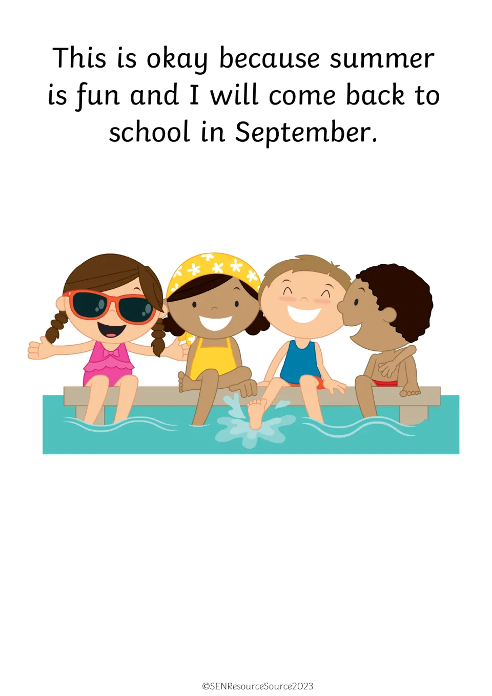 Reassurance that summer is fun and school returns in September, illustrated with four children splashing at a pool