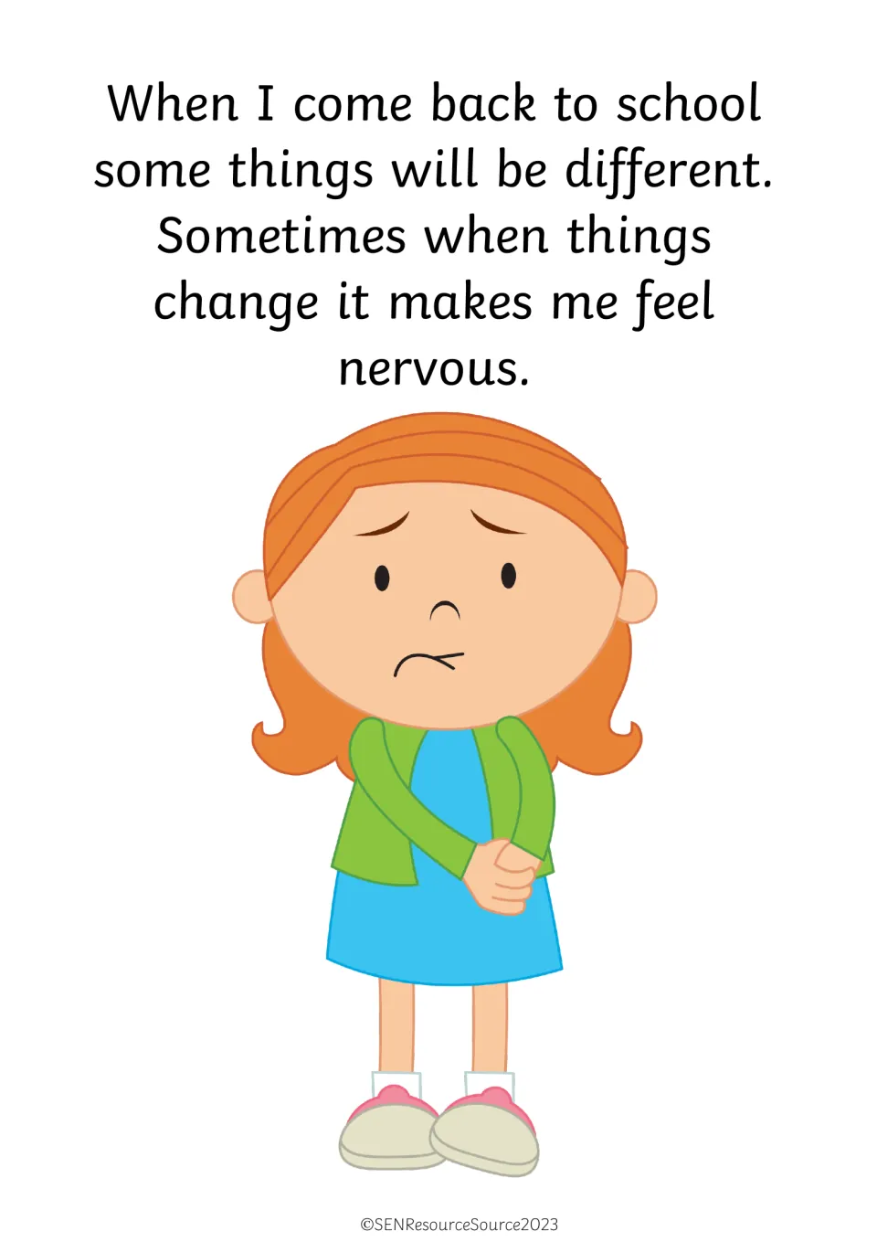 Naming feelings about change: a worried girl illustrates feeling nervous when things are different back at school