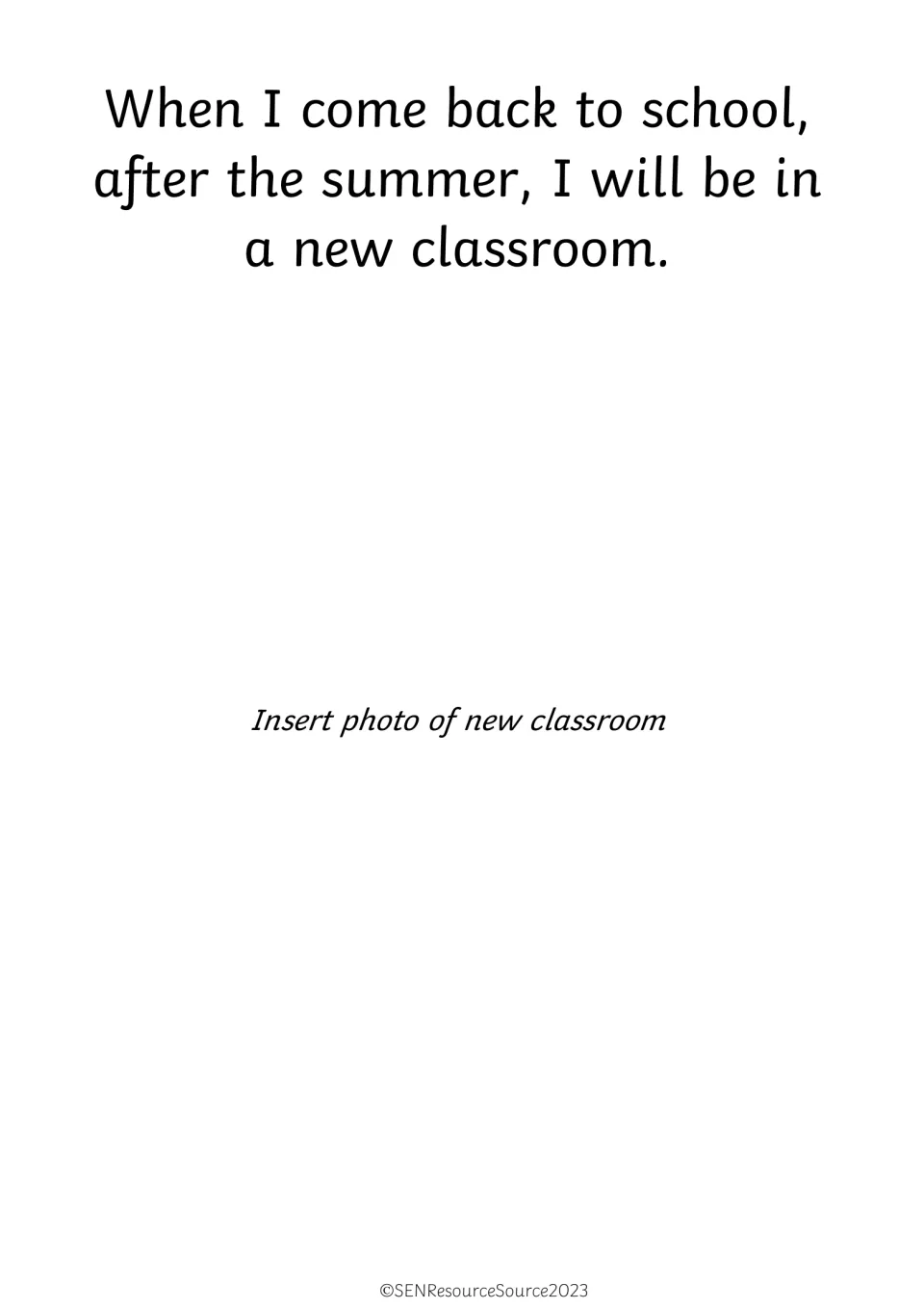 New classroom page: text about returning after summer to a new room, with a space to insert a photo of it
