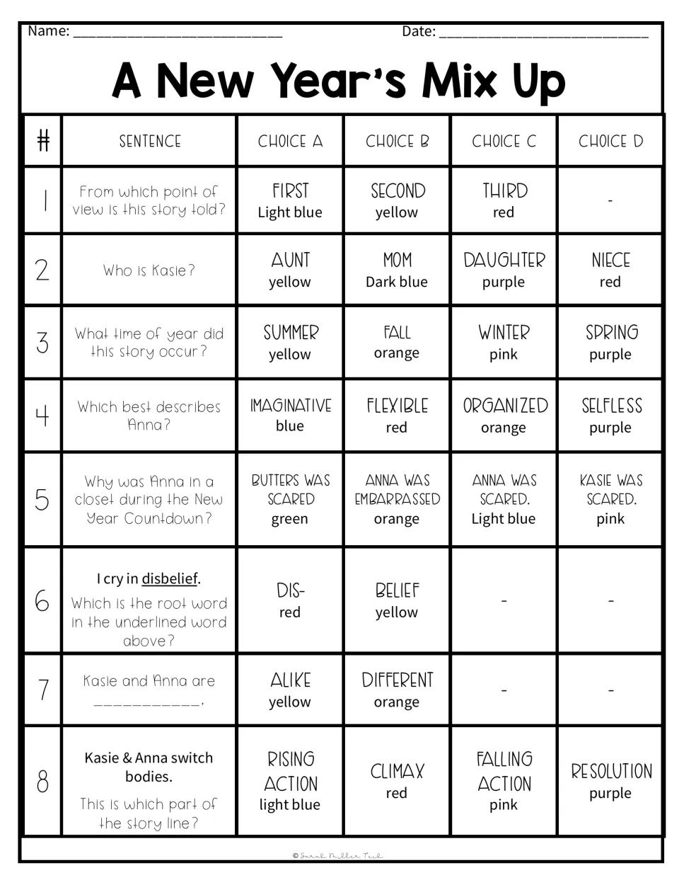 Questions 1–8 pair color choices with story comprehension, point of view, character traits, and root words.