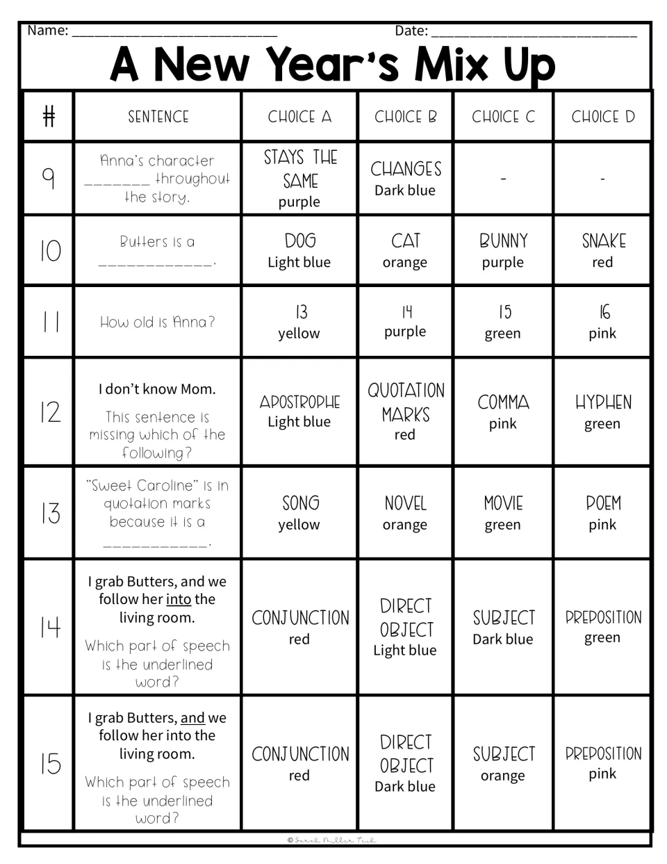 Questions 9–15 pair color choices with Anna's change, story details, punctuation, and parts of speech.
