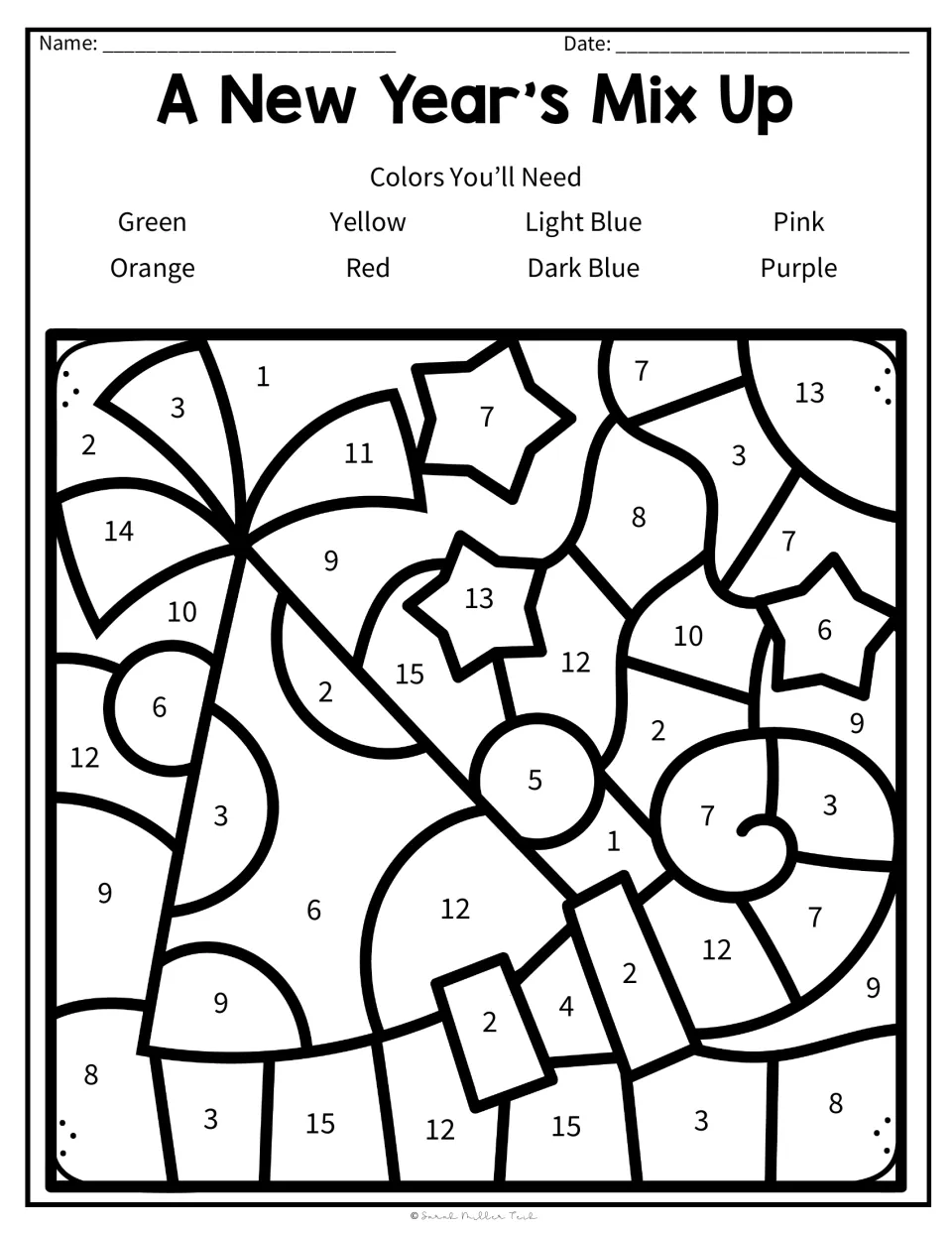 Color-by-code celebration picture uses numbers 1–15 and eight colors matched to the story question answers.
