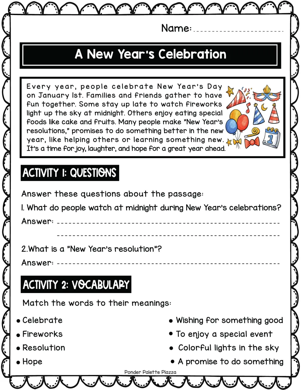 Reading passage 'A New Year’s Celebration' with questions about fireworks and resolutions, plus vocabulary