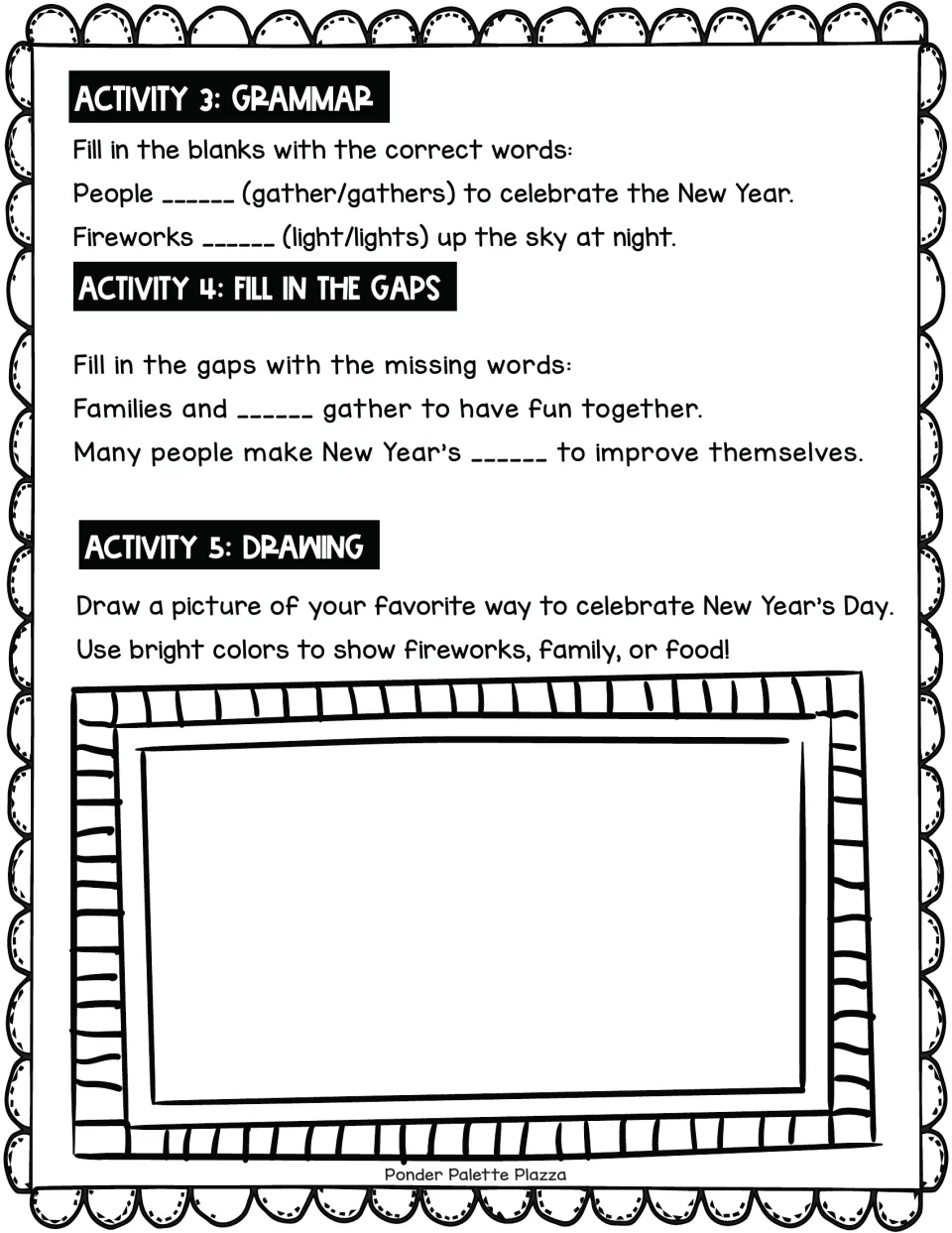 Celebration follow-up: choose gather or gathers and light or lights, complete sentences, and draw a celebration