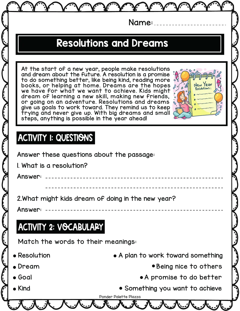 Reading passage 'Resolutions and Dreams' with questions about promises and kids’ dreams, plus vocabulary