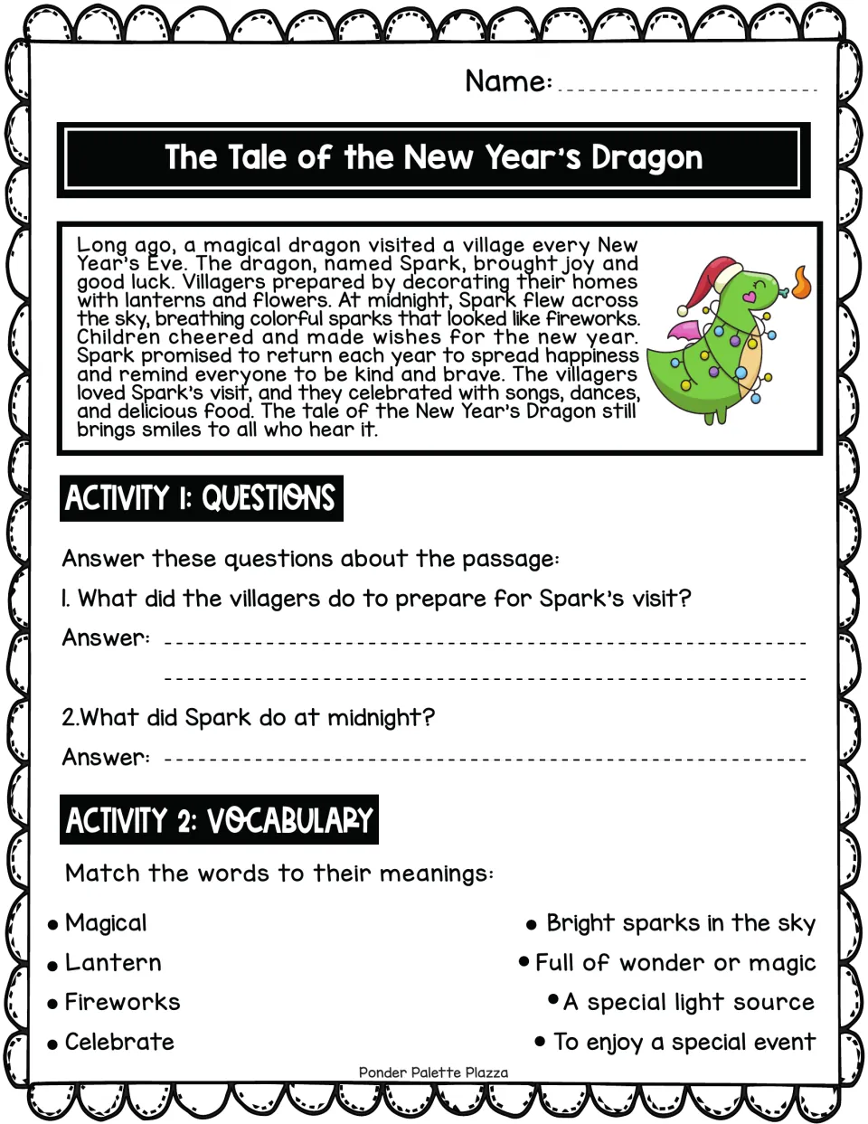 Reading passage 'The Tale of the New Year’s Dragon' with questions about Spark’s visit and vocabulary matching