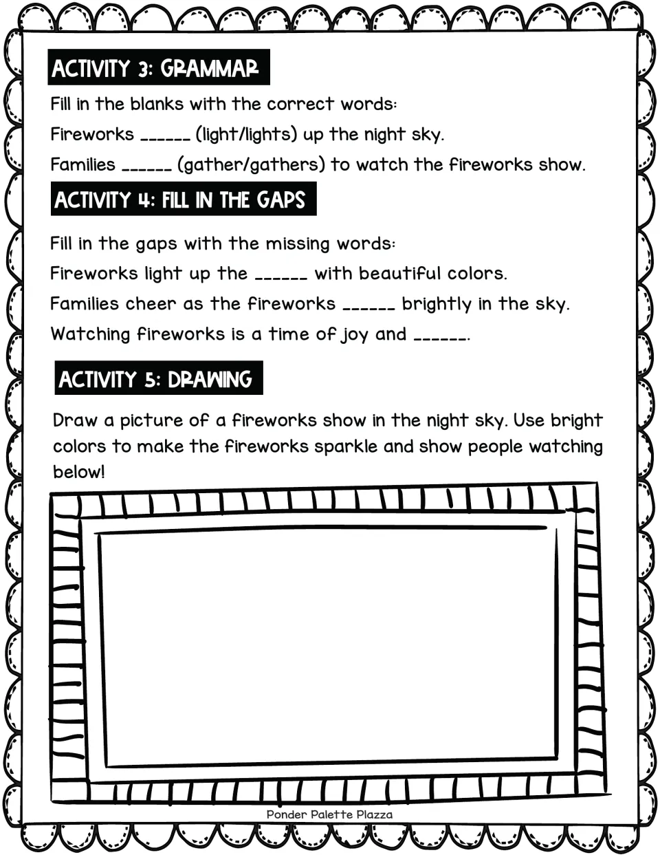 Fireworks follow-up: choose light or lights and gather or gathers, fill three gaps, and draw a fireworks show