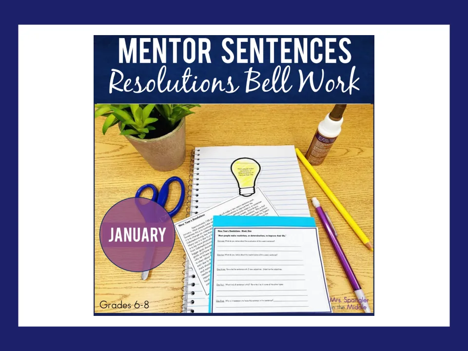 Cover of the January mentor-sentence bell-work resource on New Year’s resolutions for grades 6–8