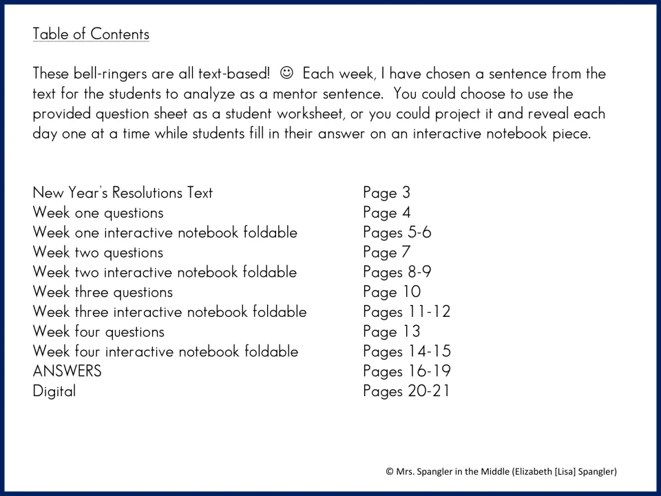 Table of contents lists the resolutions text, four weeks of questions and foldables, answers, and digital pages