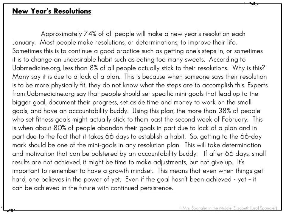 New Year’s Resolutions reading passage discusses planning, mini-goals, accountability, habits, and persistence