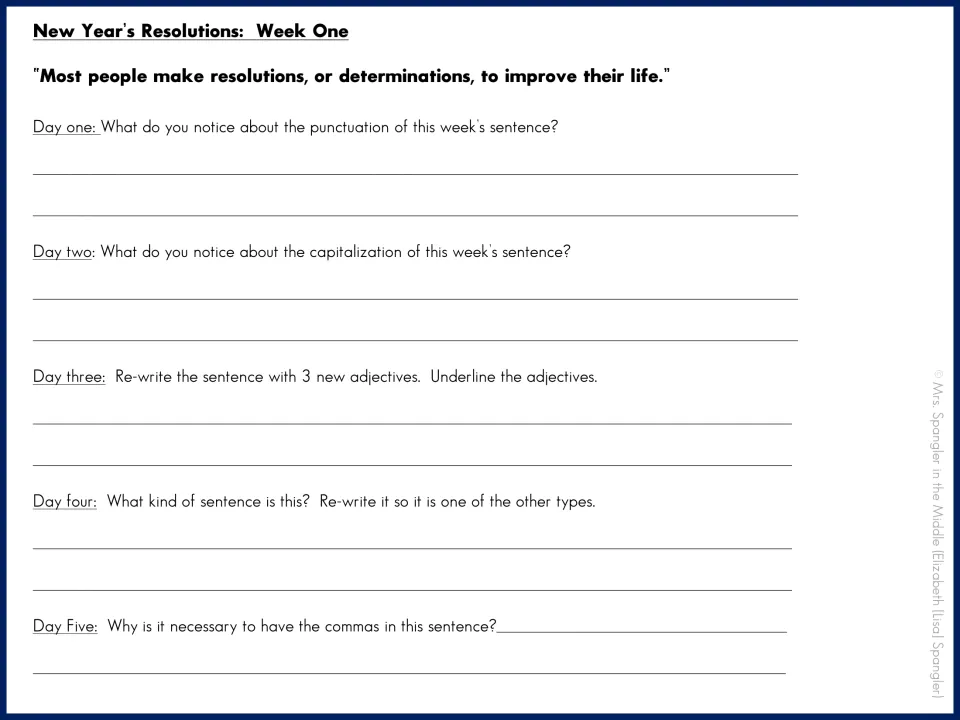 Week one mentor-sentence questions examine commas, capitalization, adjectives, and sentence types