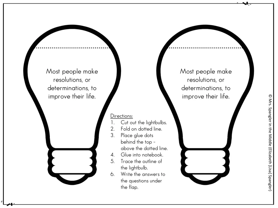 Week one notebook foldables: two lightbulbs repeat the mentor sentence about making resolutions to improve life